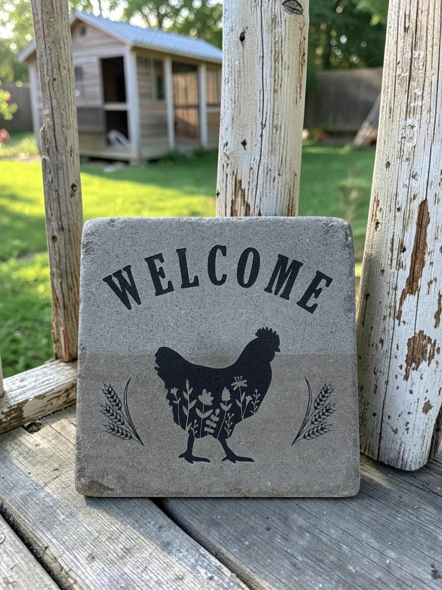 Rustic Homestead Hen Welcome Stone Bluestone Yard Art